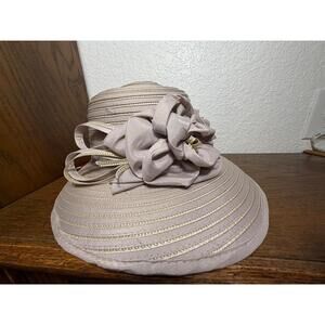 Vintage Taupe Ribbon Striped Wide Brim Hat with Large Fabric Flower Detail